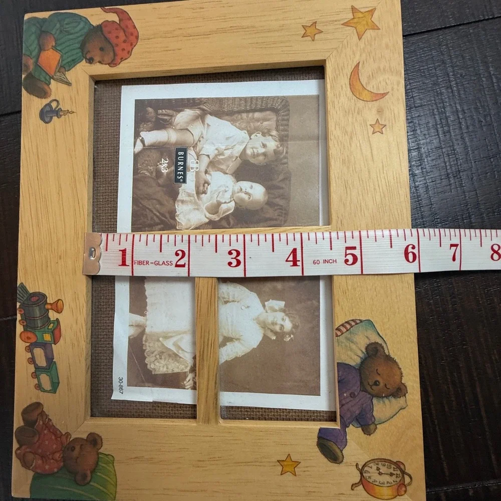 Vintage Fetco‎ 1995 Teddy Bear Wood Picture Frame Nursery Decor Train Stars 7x9